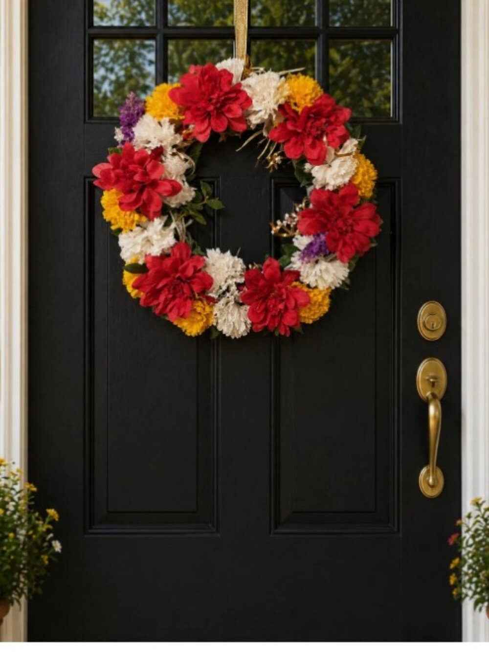 Spring Wreath-Front Door Pink Dahlias, Yellow & White Carnations Handmade 16x16”